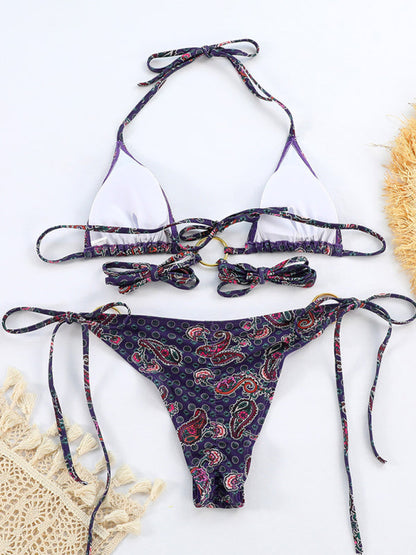 Swimwear- Wireless Tri Bra and Bikini String - 2 Piece Rings Parsley Print Swimwear- - IndioGear Fashion and Gear