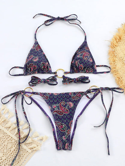 Swimwear- Wireless Tri Bra and Bikini String - 2 Piece Rings Parsley Print Swimwear- - IndioGear Fashion and Gear