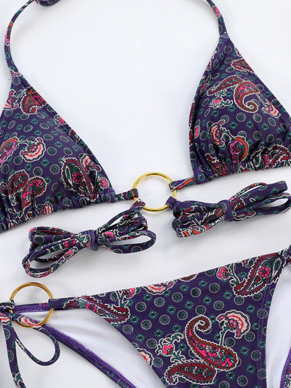 Swimwear- Wireless Tri Bra and Bikini String - 2 Piece Rings Parsley Print Swimwear- - IndioGear Fashion and Gear