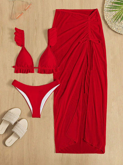 Swimwear-Wireless Triangle Bra & Bottoms 3-Piece Ruffle Bikini Swimwear & Ruched Skirt Cover-Up-Pekosa Women Clothing