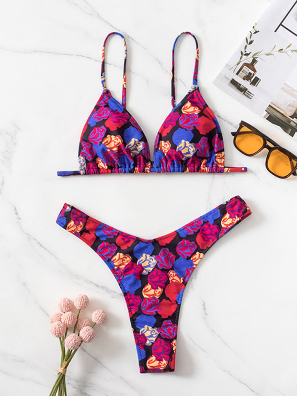 Swimwear- Wireless Triangle Bra & High Cut Bikini & Mini Skirt Cover-Up in 3 Piece Floral Print- - IndioGear Fashion and Gear