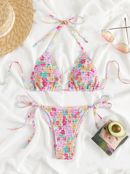 Swimwear-Wireless Triangle Bra & Smocked Tie-Side String Bottoms 2-Piece Bikini-Pekosa Women Clothing