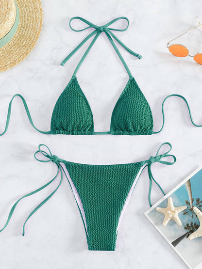 Swimwear- Wireless Triangle Bra & Textured Tie-Side Bikini - 2 Piece String Swimwear- Green- IndioGear Fashion and Gear