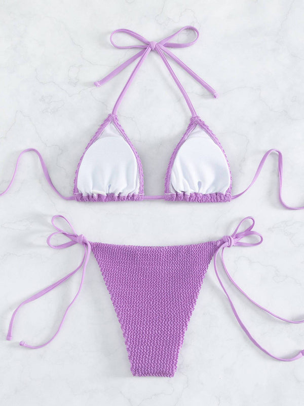 Swimwear- Wireless Triangle Bra & Textured Tie-Side Bikini - 2 Piece String Swimwear- - IndioGear Fashion and Gear