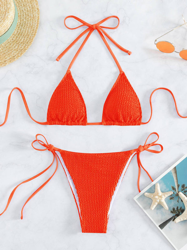 Swimwear- Wireless Triangle Bra & Textured Tie-Side Bikini - 2 Piece String Swimwear- Orange- IndioGear Fashion and Gear