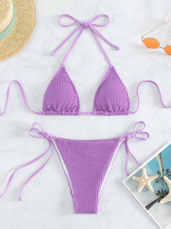 Swimwear- Wireless Triangle Bra & Textured Tie-Side Bikini - 2 Piece String Swimwear- - IndioGear Fashion and Gear