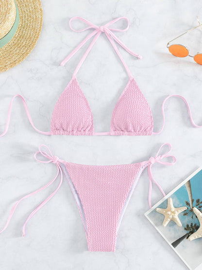 Swimwear- Wireless Triangle Bra & Textured Tie-Side Bikini - 2 Piece String Swimwear- Pink- IndioGear Fashion and Gear