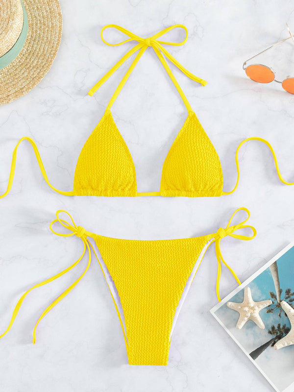 Swimwear- Wireless Triangle Bra & Textured Tie-Side Bikini - 2 Piece String Swimwear- Yellow- IndioGear Fashion and Gear