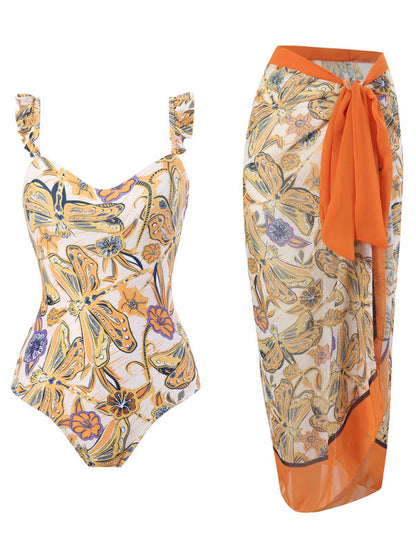 Swimwear- Wrap It Up Backless Floral One-Piece Swimwear with Skirt Cover Up- Pattern4- IndioGear Fashion and Gear