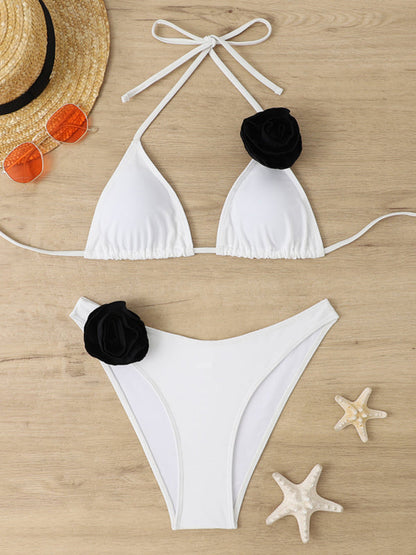 Swinsuits- Wireless Triangle Bra and Bikini Bottom in a 2-Piece Stripe Bikini Set with Contrast Flowers Appliqué- - IndioGear Clothing and Gear