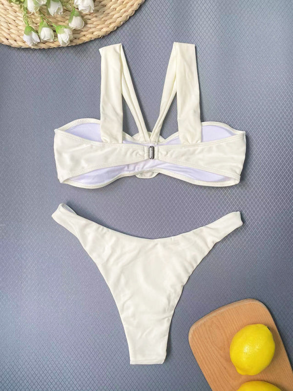 Swuimsuits- Wireless Halter Bra and Bikini Thong in a 2-Piece Flowers Appliqué Swimwear Set- - IndioGear Clothing and Gear