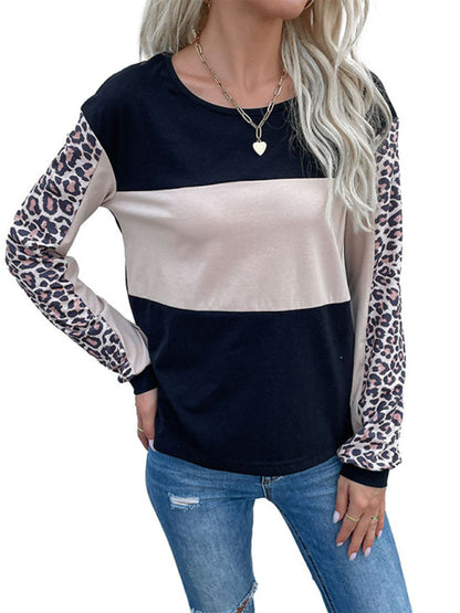 T-Shirts- Fierce Leopard Print Tee - Patchwork Long Sleeve Top- - Pekosa Women Clothing