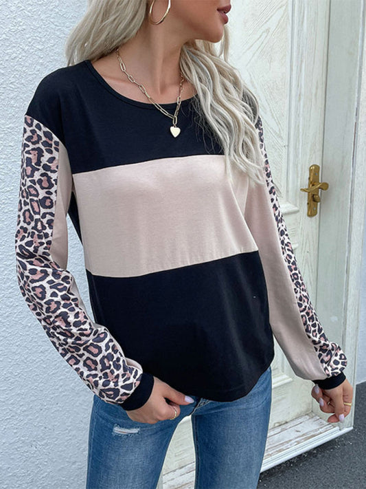 T-Shirts- Fierce Leopard Print Tee - Patchwork Long Sleeve Top- Black- Pekosa Women Clothing