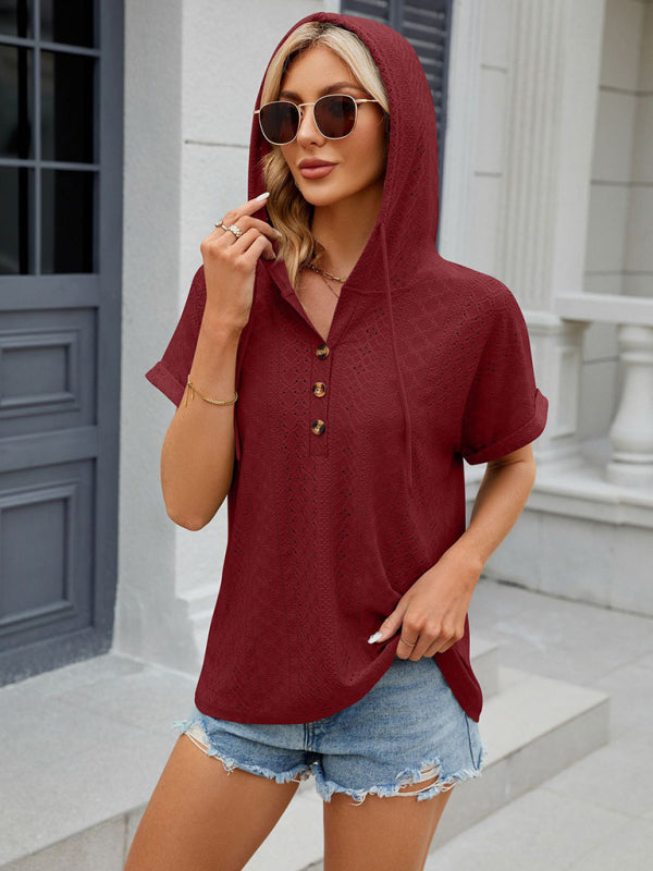 T-Shirts- Half-Buttoned Hooded T-Shirt | Short-Sleeved Textured Top- Chuzko Women Clothing