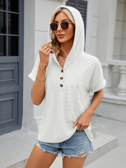 T-Shirts- Half-Buttoned Hooded T-Shirt | Short-Sleeved Textured Top- Chuzko Women Clothing