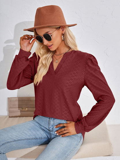 T-Shirts- Jacquard Chevron V-Neck Blouse - Long Puff Sleeve Texture T-Shirts- - Pekosa Women Clothing