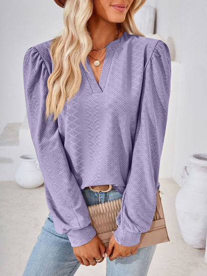 T-Shirts- Jacquard Chevron V-Neck Blouse - Long Puff Sleeve Texture T-Shirts- Purple- Pekosa Women Clothing