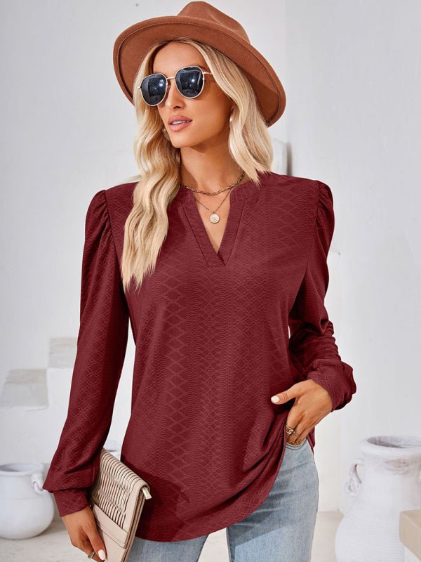 T-Shirts- Jacquard Chevron V-Neck Blouse - Long Puff Sleeve Texture T-Shirts- Wine Red- Pekosa Women Clothing