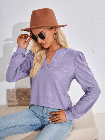 T-Shirts- Jacquard Chevron V-Neck Blouse - Long Puff Sleeve Texture T-Shirts- - Pekosa Women Clothing