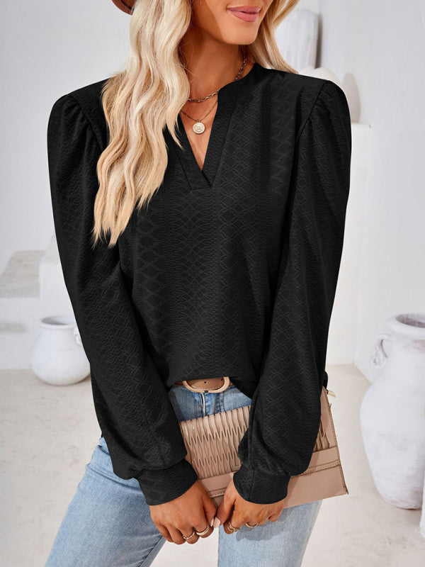 T-Shirts- Jacquard Chevron V-Neck Blouse - Long Puff Sleeve Texture T-Shirts- - Pekosa Women Clothing