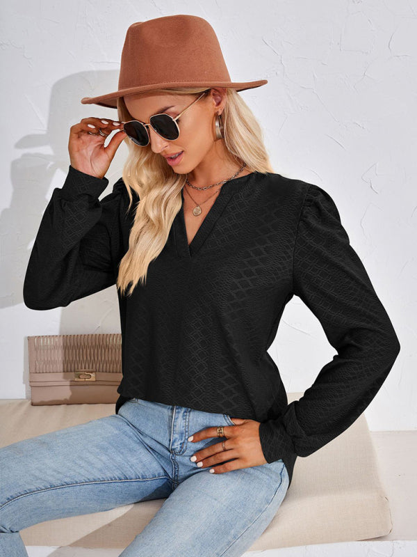 T-Shirts- Jacquard Chevron V-Neck Blouse - Long Puff Sleeve Texture T-Shirts- - Pekosa Women Clothing