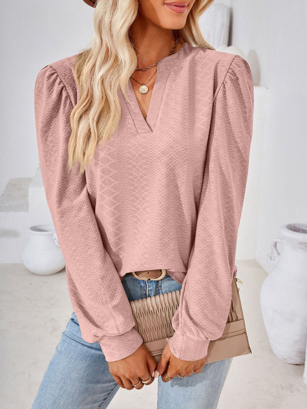 T-Shirts- Jacquard Chevron V-Neck Blouse - Long Puff Sleeve Texture T-Shirts- Pink- Pekosa Women Clothing