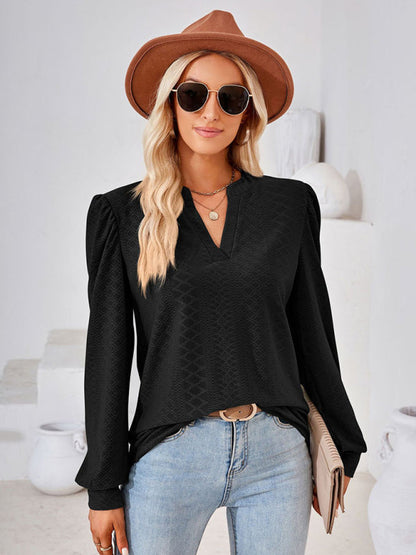 T-Shirts- Jacquard Chevron V-Neck Blouse - Long Puff Sleeve Texture T-Shirts- Black- Pekosa Women Clothing