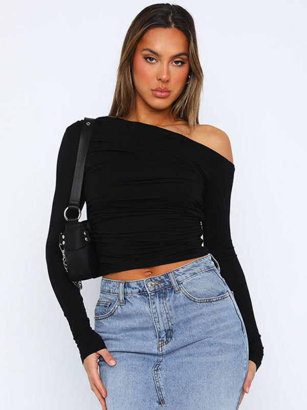 T-Shirts- One Shoulder Long Sleeve Crop Top for Casual Wear- Black- IndioGear Clothing and Gear