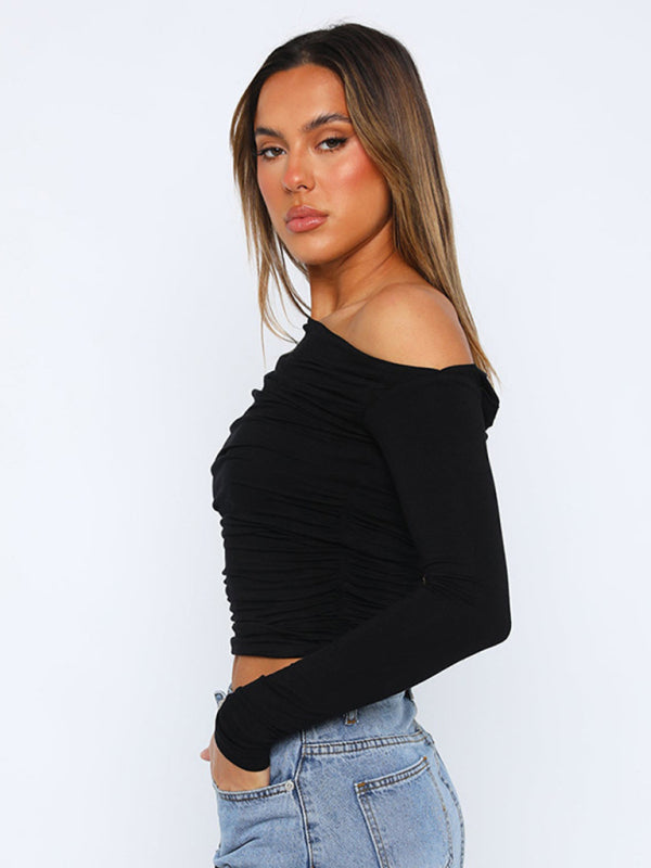 T-Shirts- One Shoulder Long Sleeve Crop Top for Casual Wear- - IndioGear Clothing and Gear