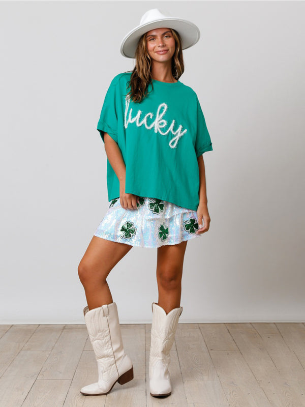 T-Shirts- Saint Patrick's Oversized Tee - Sparkle Lucky T-Shirt- - IndioGear Fashion and Gear