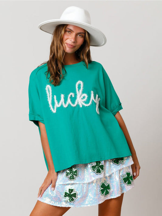 T-Shirts- Saint Patrick's Oversized Tee - Sparkle Lucky T-Shirt- Green- IndioGear Fashion and Gear