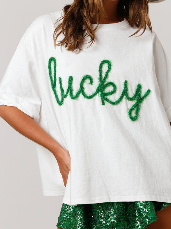 T-Shirts- Sparkle-Patched Lucky Oversized T-Shirt for Saint Patrick's Day- - IndioGear Fashion and Gear