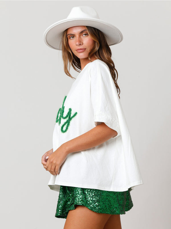 T-Shirts- Sparkle-Patched Lucky Oversized T-Shirt for Saint Patrick's Day- - IndioGear Fashion and Gear