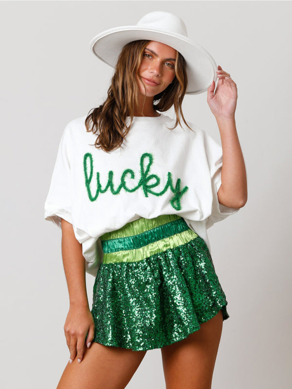 T-Shirts- Sparkle-Patched Lucky Oversized T-Shirt for Saint Patrick's Day- - IndioGear Fashion and Gear