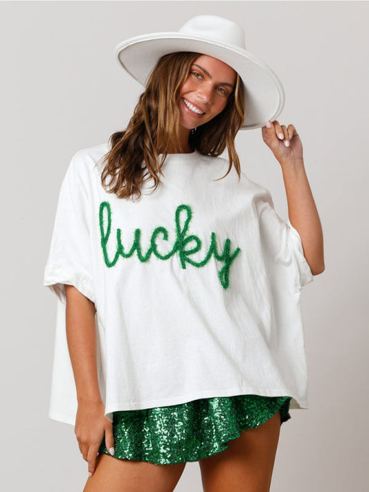 T-Shirts- Sparkle-Patched Lucky Oversized T-Shirt for Saint Patrick's Day- White- IndioGear Fashion and Gear