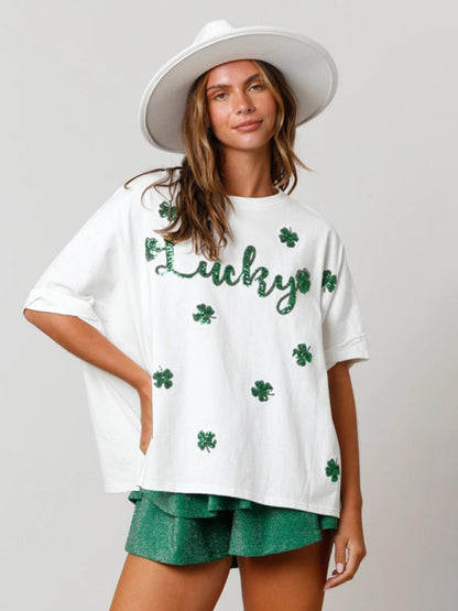 T-Shirts- Sparkle Saint Patrick's Oversized T-Shirt with Lucky Four-Leaf Clover- White- IndioGear Fashion and Gear