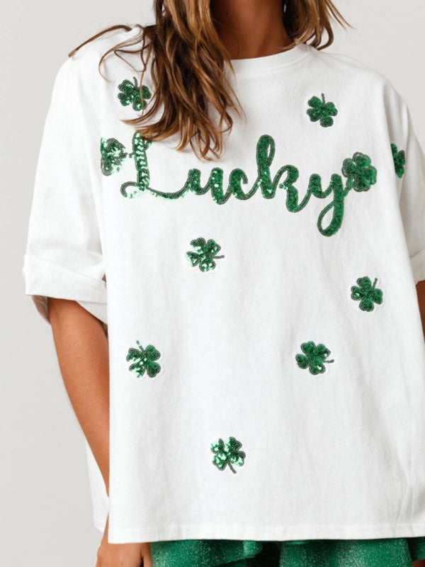 T-Shirts- Sparkle Saint Patrick's Oversized T-Shirt with Lucky Four-Leaf Clover- - IndioGear Fashion and Gear