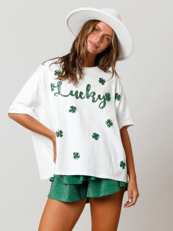 T-Shirts- Sparkle Saint Patrick's Oversized T-Shirt with Lucky Four-Leaf Clover- - IndioGear Fashion and Gear