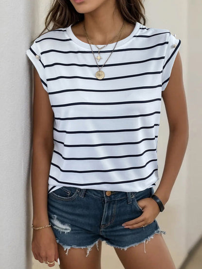 T-Shirts- Striped Tee with Cap Sleeves & Fancy Side Buttons T-Shirt for Women- White- IndioGear Fashion and Gear