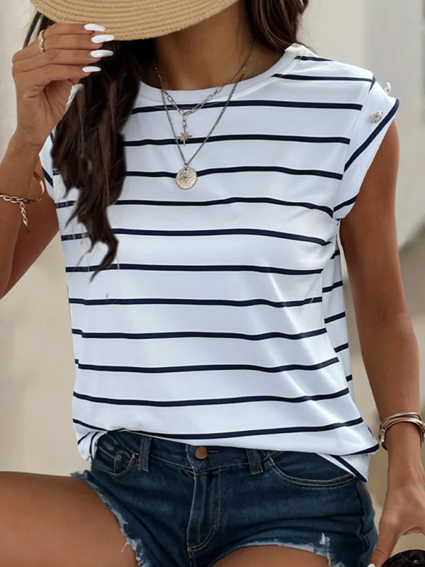 T-Shirts- Striped Tee with Cap Sleeves & Fancy Side Buttons T-Shirt for Women- - IndioGear Fashion and Gear