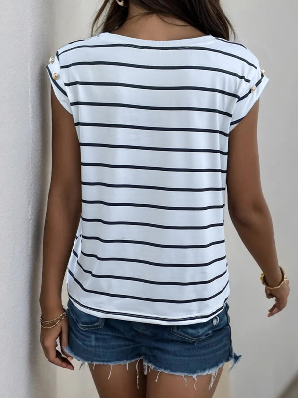 T-Shirts- Striped Tee with Cap Sleeves & Fancy Side Buttons T-Shirt for Women- - IndioGear Fashion and Gear