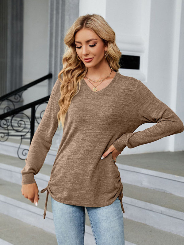 T-Shirts- V-Neck Long Sleeve T-Shirt | Side Ruching Top in Solid Tone- Chuzko Women Clothing