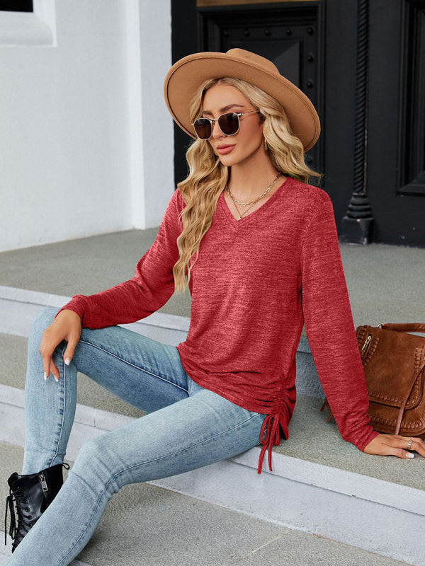 T-Shirts- V-Neck Long Sleeve T-Shirt | Side Ruching Top in Solid Tone- Chuzko Women Clothing