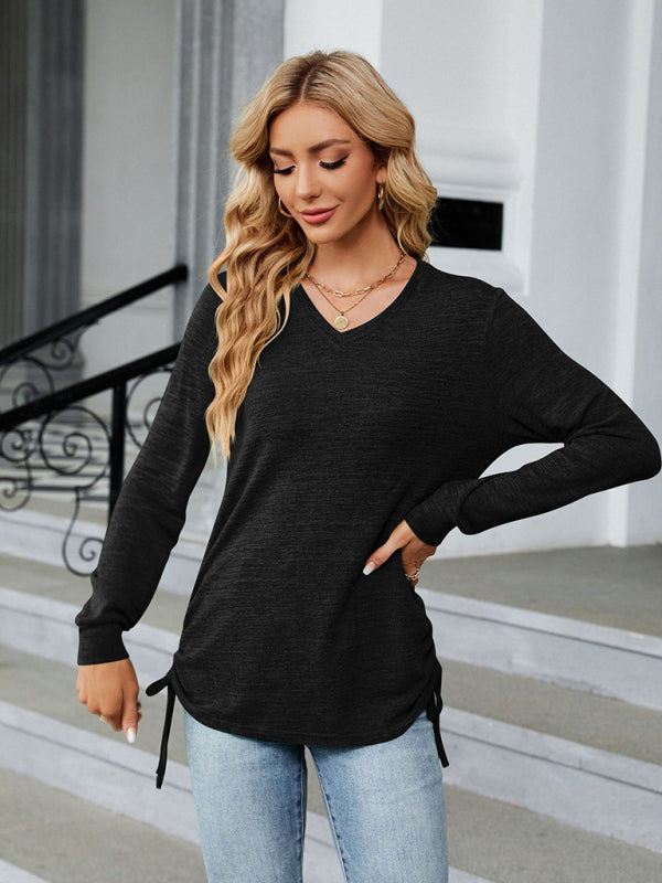 T-Shirts- V-Neck Long Sleeve T-Shirt | Side Ruching Top in Solid Tone- Chuzko Women Clothing