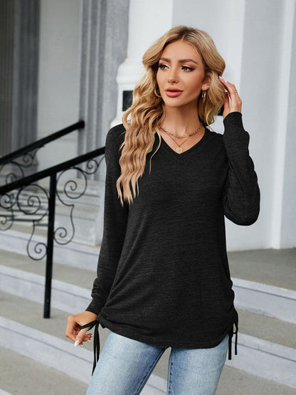 T-Shirts- V-Neck Long Sleeve T-Shirt | Side Ruching Top in Solid Tone- Chuzko Women Clothing