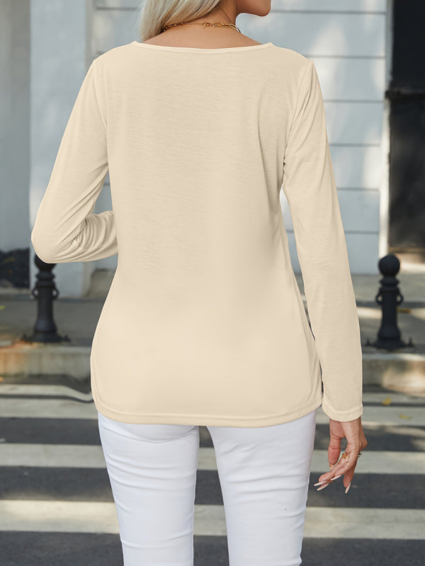 T-Shirts- Women's Boatneck Long Sleeve Tee with Chic Side Buttons- - IndioGear Fashion and Gear