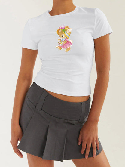 T-Shirts- Women's Easter Egg Print T-Shirt - Holly Week Bunny Crop Tee- Pastel pink- IndioGear Fashion and Gear