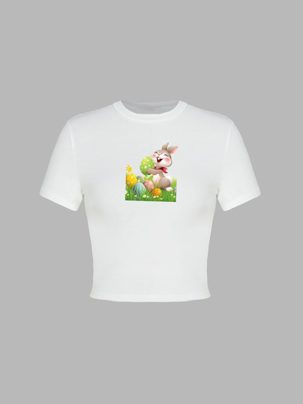 T-Shirts- Women's Easter Egg Print T-Shirt - Holly Week Bunny Crop Tee- - IndioGear Fashion and Gear