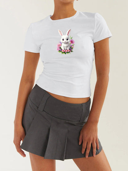 T-Shirts- Women's Easter Egg Print T-Shirt - Holly Week Bunny Crop Tee- Hot pink- IndioGear Fashion and Gear