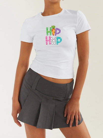 T-Shirts- Women's Easter Egg Print T-Shirt - Holly Week Bunny Crop Tee- White- IndioGear Fashion and Gear